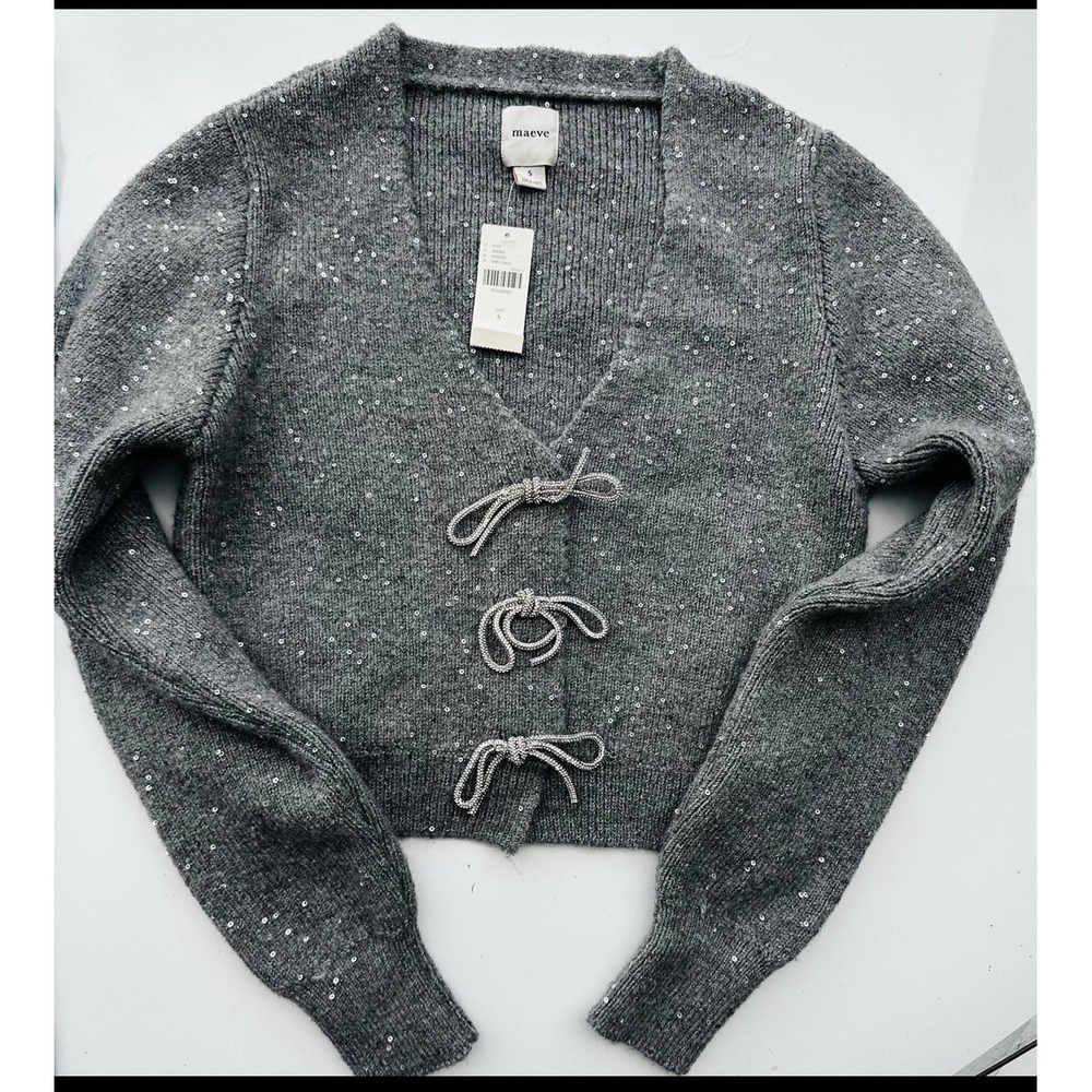 NWT Maeve Anthropologie Grey Sparkle Bow Knitted Cardigan Size XL